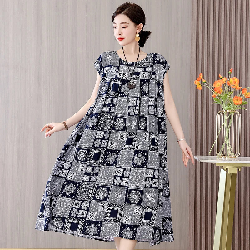 Summer Dress For Women Print Loose O-Neck Cotton Women's Clothing Dresses