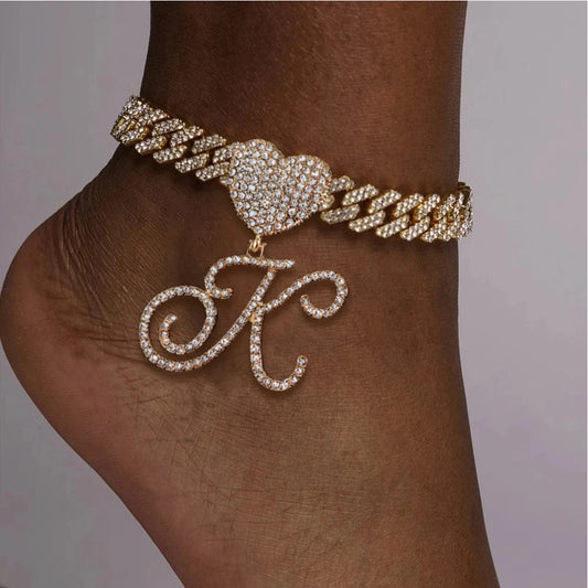 Fashion A-Z Cursive Initial Letter Cuban Anklets Bracelet Link Chain Anklet Hip Hop Jewelry
