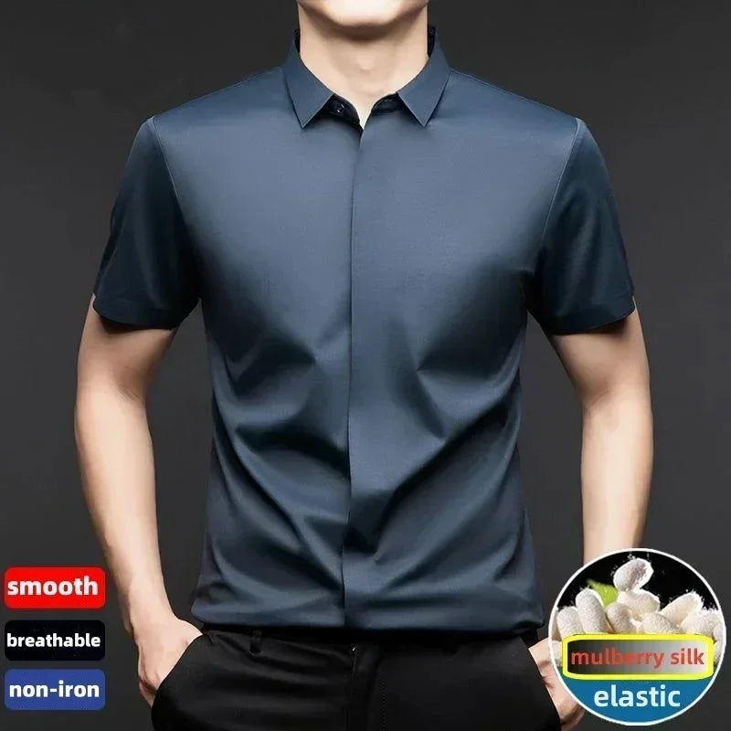 High end Mulberry Silk Dress Shirts, Business  Men Wrinkle Resistant, Button Invisible Elastic Tops, Luxurious Male  Clothing