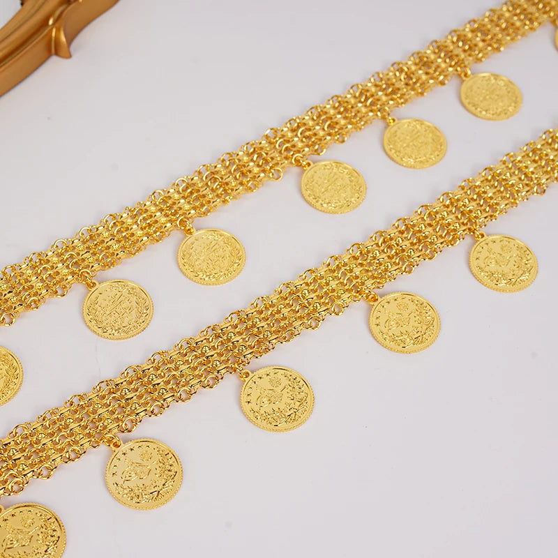 Luxury Jewellery Set High Quality Kurdish Coin Gold Plated Pendant Wide Necklace Long Shoulder Chain