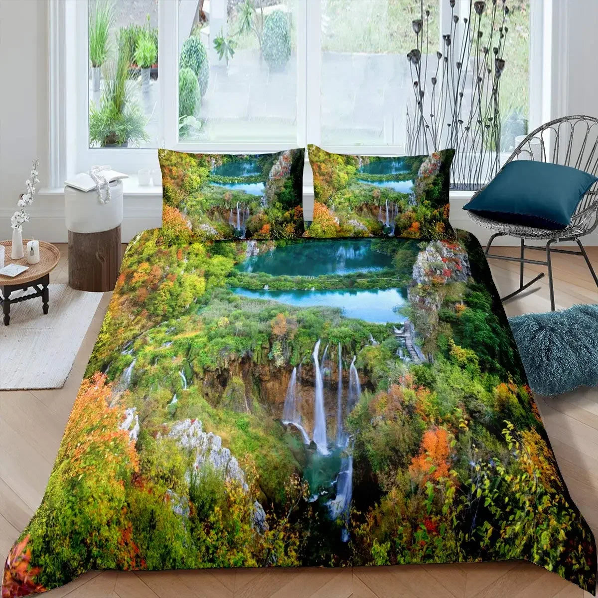 Waterfall Duvet Cover Set Natural Scenery Quilt Cover Pillowcase Landscape Forest Queen Size Polyester Bedding Set