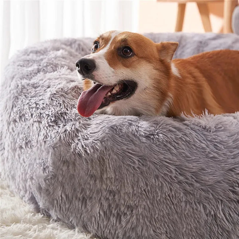 Round Pet Bed Large Dog Cat Long Plush Dog House Warm Sleeping