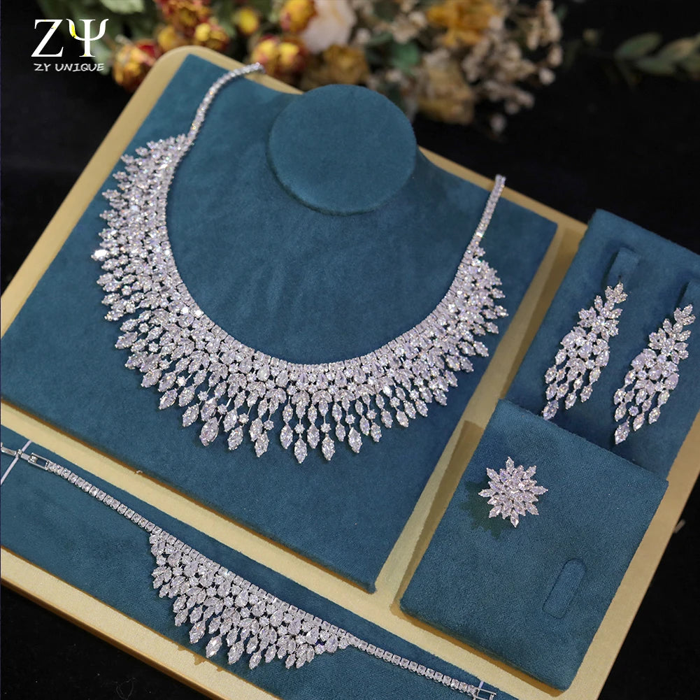 White 5A CZ Zirconia Leaf Earring Necklace for Women Bridal Weddings Jewellery Set