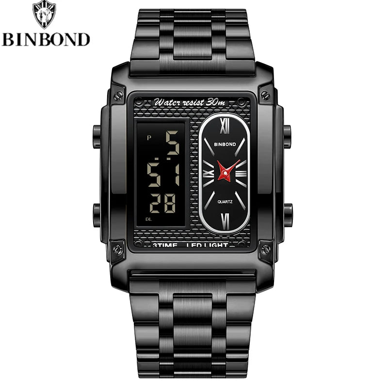 BINBOND Brand Luxury Watches for Men Fashion Quartz Wristwatch Square Gold Stainless Steel Watche