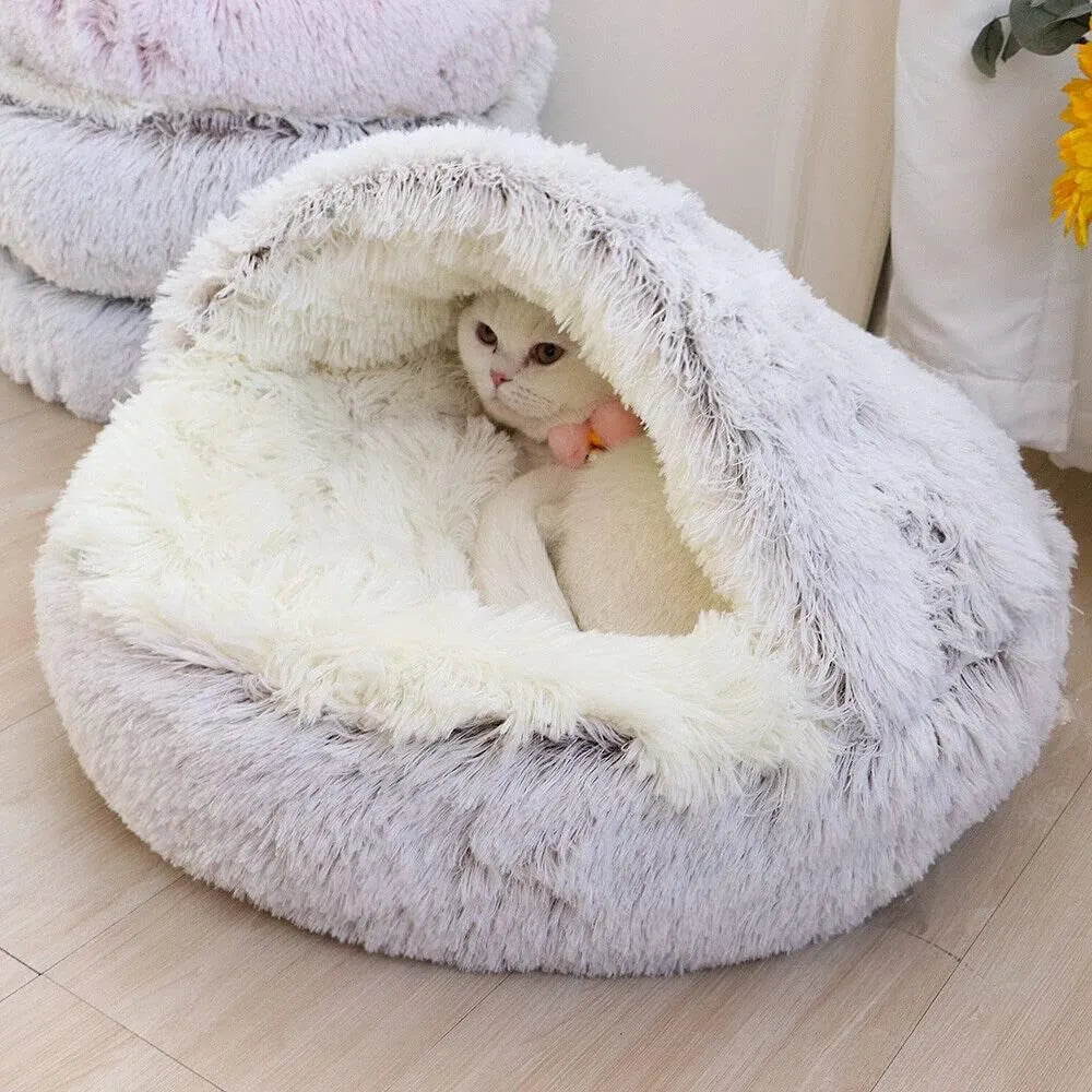 Soft Plush Pet Bed with Cover Round Cat Bed Pet Mattress Warm Cat Dog 2 in 1 Sleeping Nest Cave for Small Dogs - Hiron Store