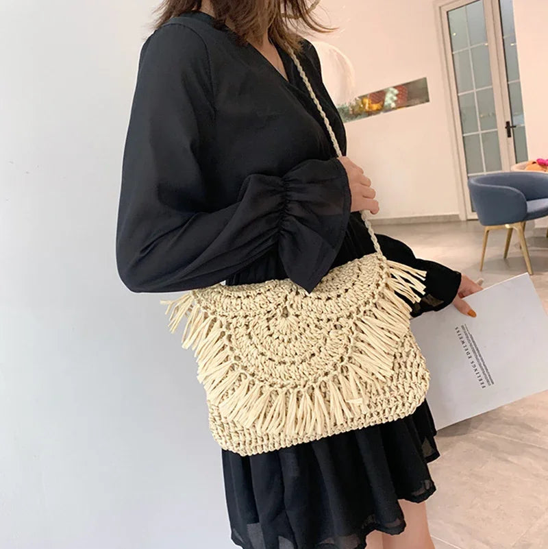 New Arrival Handmade Straw Shoulder Bags for Women Tassel Crossbody Bag Pouch Female Travel Beach Phone Purse Vintage Handbags - Hiron Store