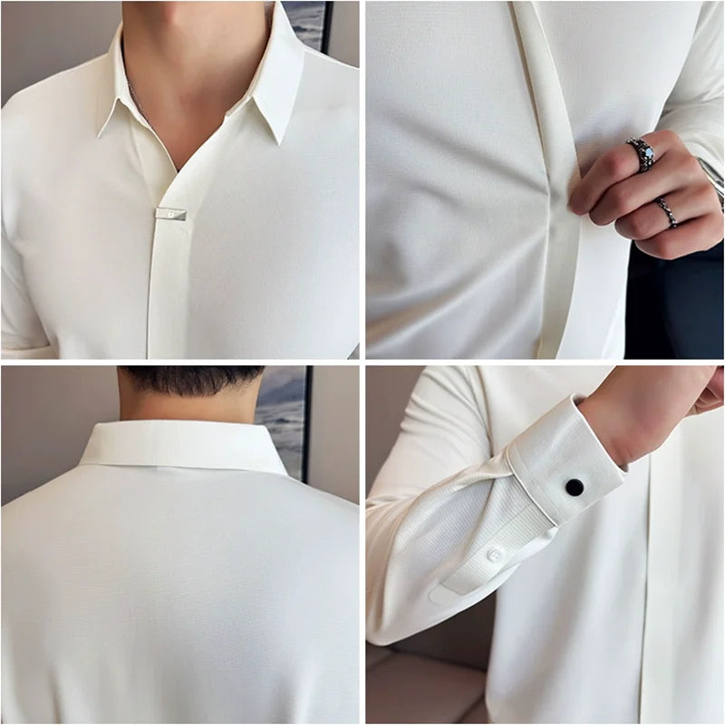 High Elastic V-neck Non-marking POLO Shirt, Autumn Long sleeved Casual Business, Solid Color  T-shirt, Men's Clothing