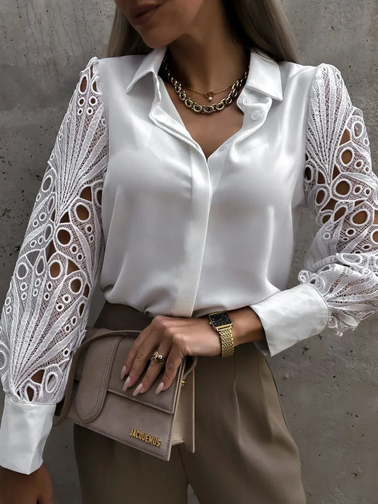 White Sexy Lace Hollow Out Women Blouse 2024 Spring Black Vintage Button Up Shirts Top Long Sleeve Mesh Design Tops Femme 19948 - Hiron Store