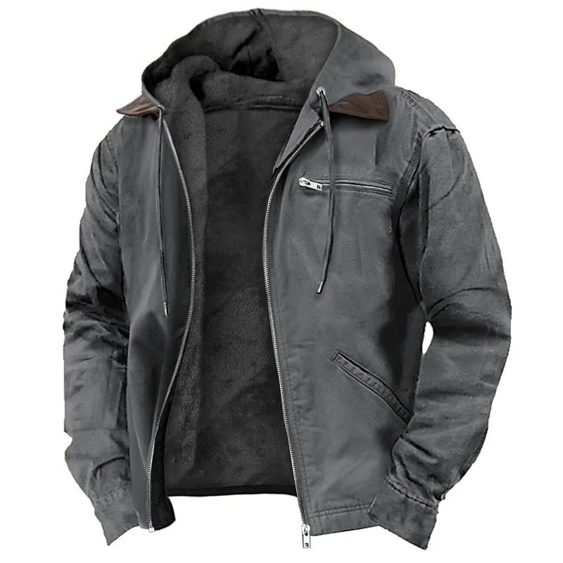 2026 men's European solid-color hooded   fleece jacket casual cotton zipper coat With pocket