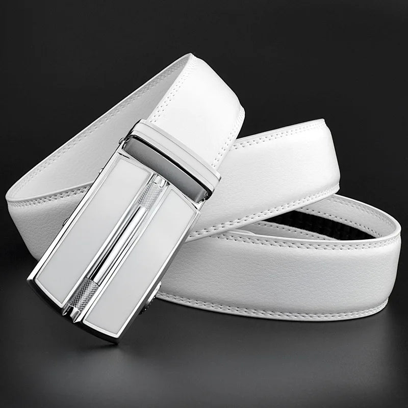 White Colour Men Women Unisex Genuine Leather Belt Automatic Buckle Waist Straps