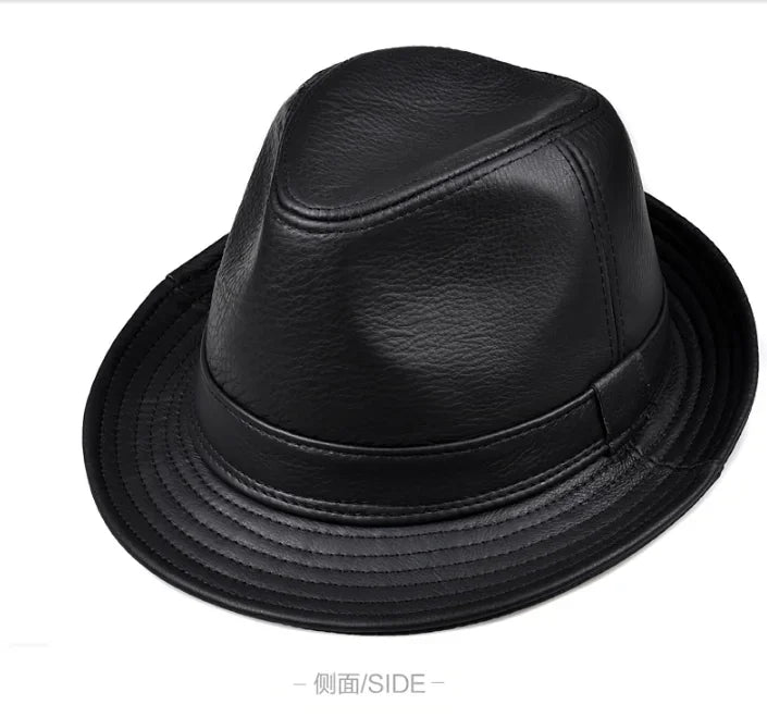 Man High Quality Genuine Leather Formal Hat Jazz Gentleman Cow Skin Short Black/Brown Top Hat