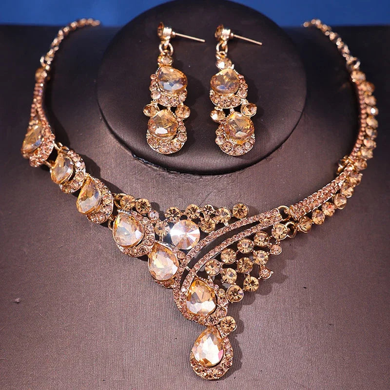 Gold Color Choker Necklaces earrings set  Crystal Necklaces Bridal sets