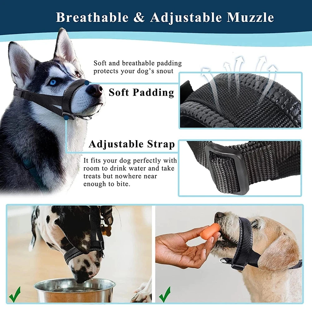 Soft Nylon Dog Muzzle Anti Barking Training Pet Mouth Mask Harness for Small Large Dogs Prevent from Biting, Adjustable Loop - Hiron Store