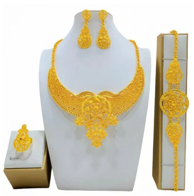 Fashion India Latest Design Jewelry Luxury African Jewelry Necklace Earrings Ring Bracelet Set Dubai Gold Color