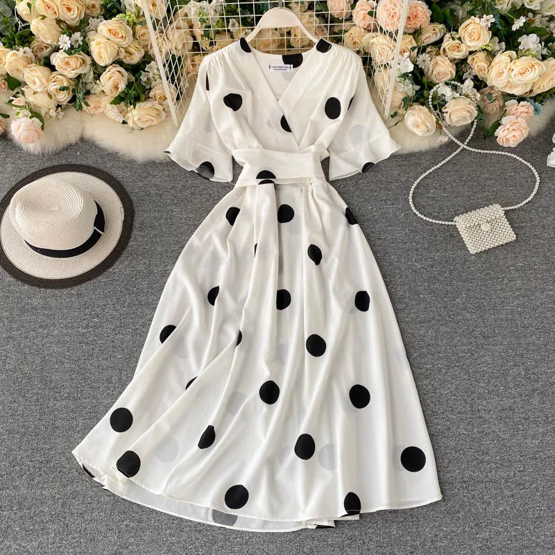 YuooMuoo Chic Fashion Polka Dot Print Women Dress 2024 New Summer Elegant Vintage Bandage Slim Waist Big Swing Long Party Dress - Hiron Store