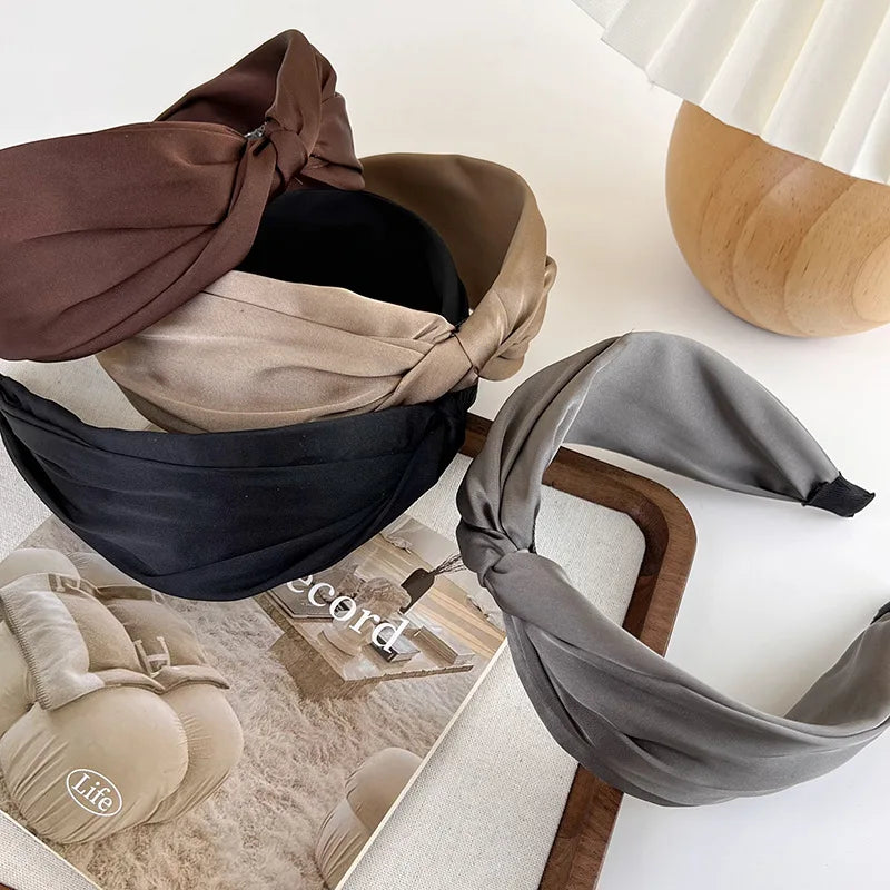Retro Coffee Color Satin Knotted Wide Headbands Woman Temperament Elegant Hairband Hair Hoop Hair Fashion Accessories