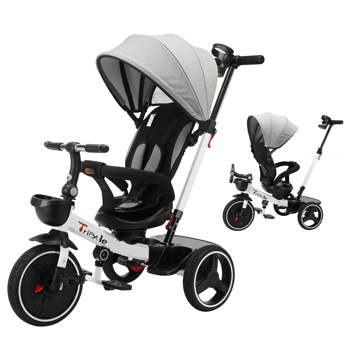 Baby Tricycle, 6-in-1 Baby Push Bike Steer Stroller, Detachable Guardrail, Adjustable Canopy