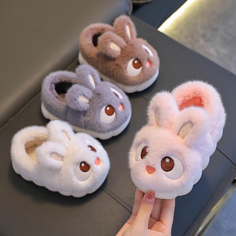 New Winter Cute Big eyed Rabbit Children's Cover Heel Warm Non-slip Fluffy Slippers