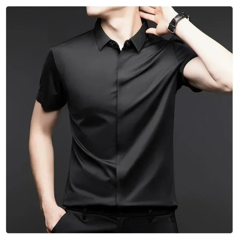 High end Mulberry Silk Dress Shirts, Business  Men Wrinkle Resistant, Button Invisible Elastic Tops, Luxurious Male  Clothing
