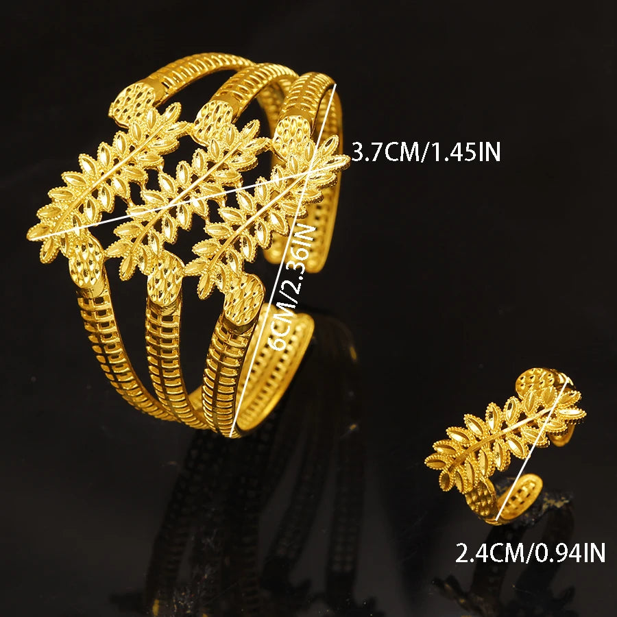 Middle East Cross border Dubai 24K Gold Plated Jewelry Set with Leaf Gold Leaf Bracelet Ring