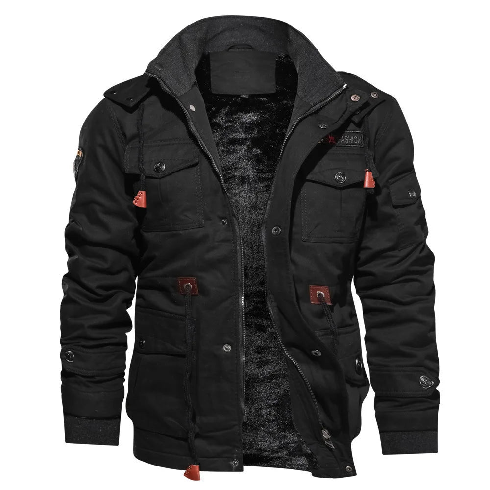 Men's cargo jacket warm fleece hooded coat top casual military cotton men's clothing