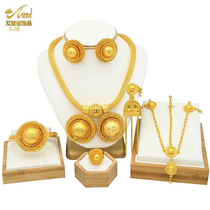 ANIID Ethiopian Gold Plated 6PCS Jewelry Set For Women Indian Red Crystal Luxury Jewellery Sets