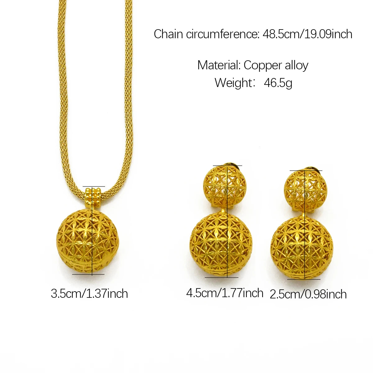 Bridal Dubai Ball 24k Gold Plated Necklace Earrings Sets