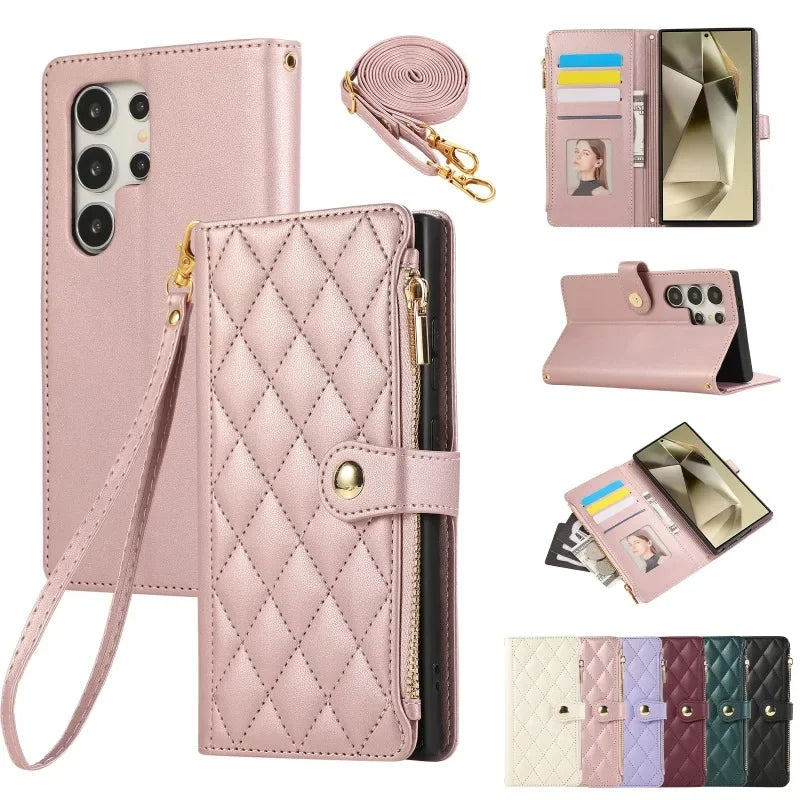 Crossbody Leather Phone Case For Samsung Galaxy S25 S24 Ultra S23 FE S22 S21 Plus A16 A06 A55 A15 A25 A35 A54 A34 Wallet Cover