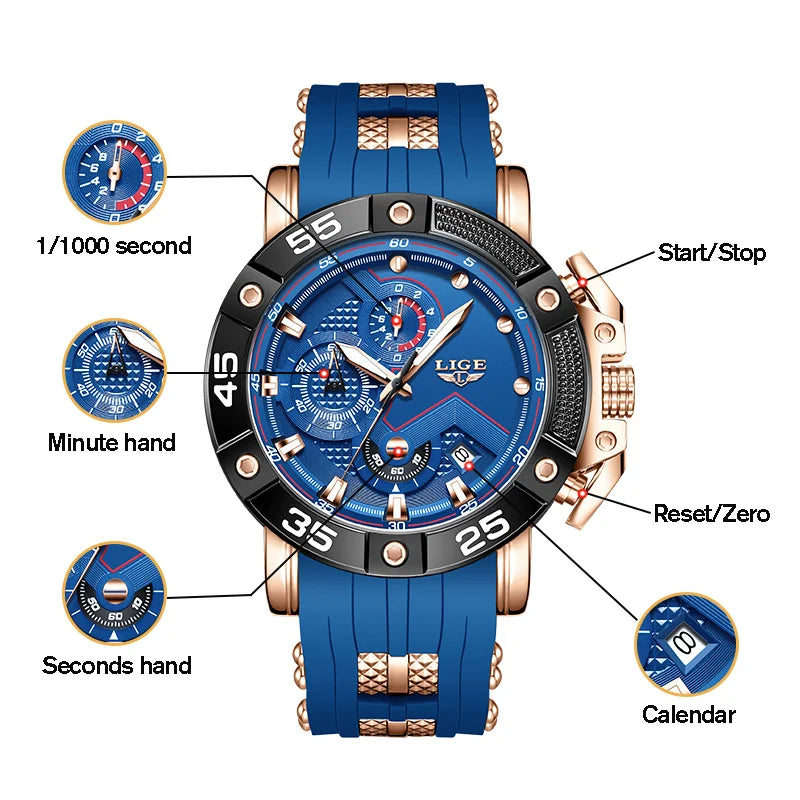 LIGE Man Watch Fashion Military Sport Date Quartz Watches Luxury Silicone Strap Waterproof Chronograph Watches For Men