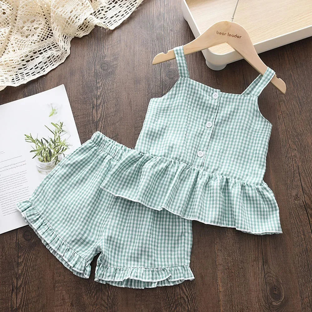 Summer Kids Clothes Floral Chiffon Halter+Embroidered Shorts Straw Children Clothing