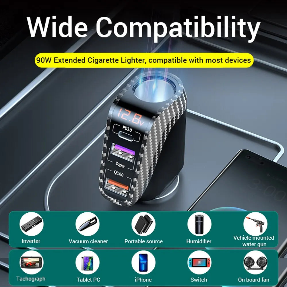 USB Car Charger With 90W Cigarette Lighter Expansion Port PD SCP FCP Quick Charge For iPhone Samsung Huawei