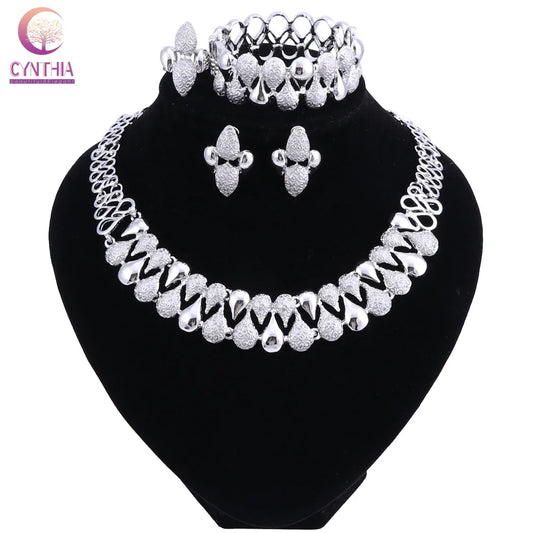 Fashion Wedding Dubai Africa Nigeria African Jewelry Set Silver-color Necklace Earrings Romantic Woman Bridal Jewelry Sets - Hiron Store