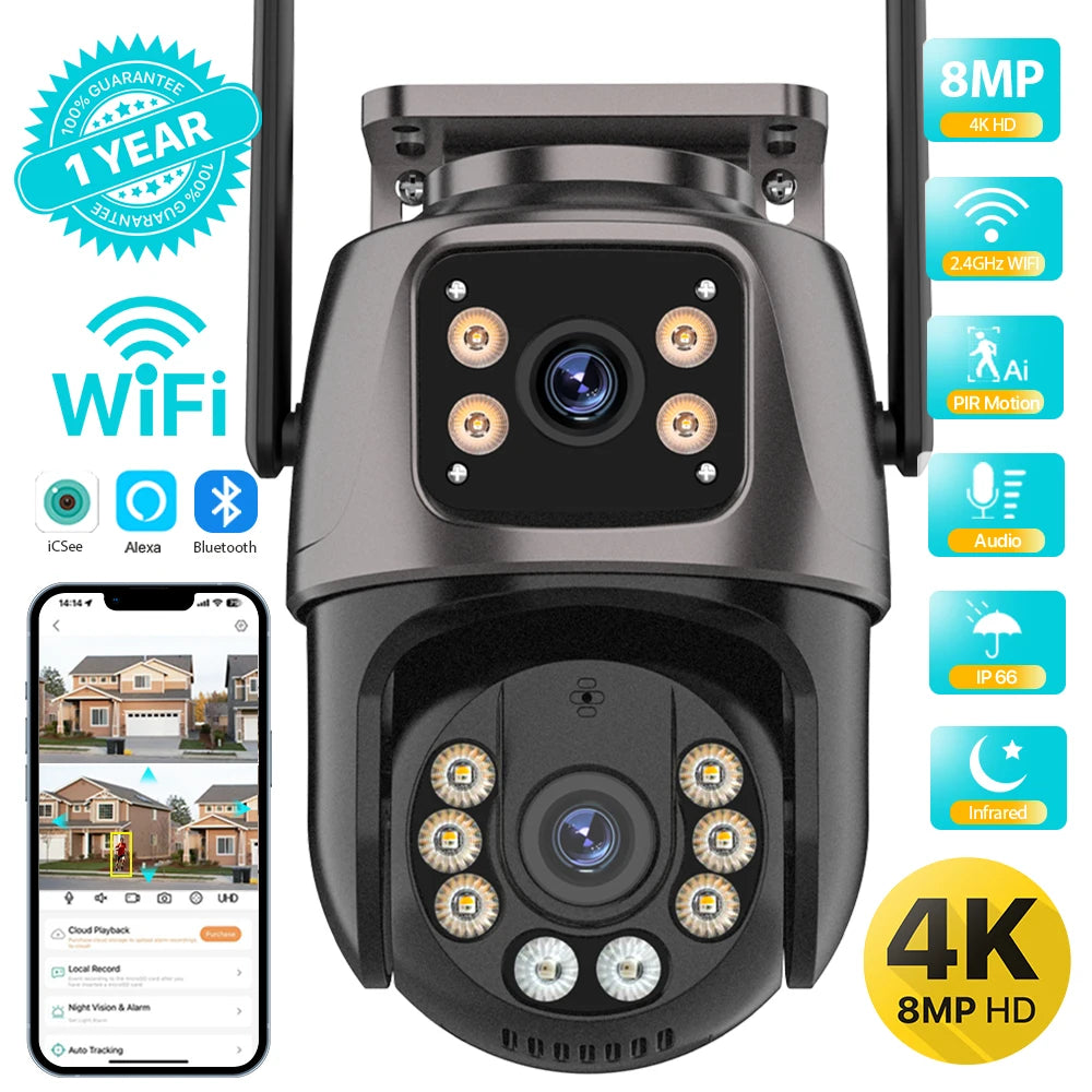 4K 8MP HD Wifi PTZ Camera Outdoor 4MP Dual Lens Dual Screen AI Auto Tracking IP Camera CCTV Audio Video Surveillance P2P iCSee - Hiron Store