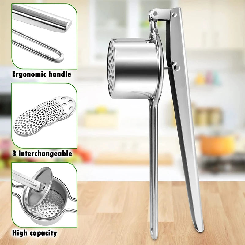 LMETJMA Stainless Steel Potato Ricer Manual Potato Masher With 3 Interchangeable Discs Fruit Juicer Lemon Squeezer