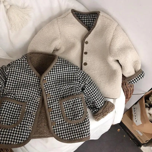 Children's Plaid Plush Coat Autumn and Winter Warm Coat Boy's and Girls' Clothing