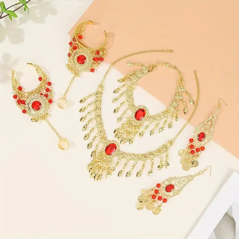 Bollywood Style Red Rhinestone Tassels Headwear+Earrings+Necklaces+Bracelet，Trendy Indian Style Jewelry Set For Women ﻿