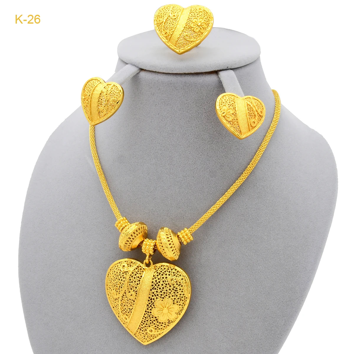 Ethiopian 24k Gold Color Heart Pendant Necklace Sets for Women Indian Anniversary Africa Bridal Necklace Earrings Ring Set Gifts - Hiron Store