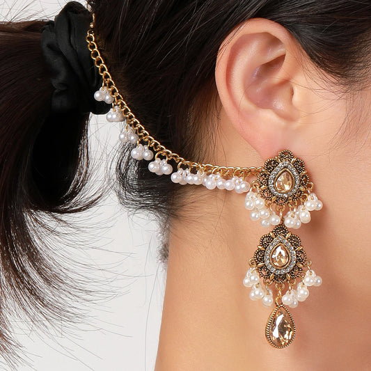 Boho Water Drop Long Earrings Headdress for Women Luxury Crystal Pearl Tassel Wedding Jewellery