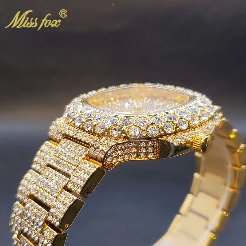 Gold Watch For Men Diamond Iced Quartz Watches Waterproof