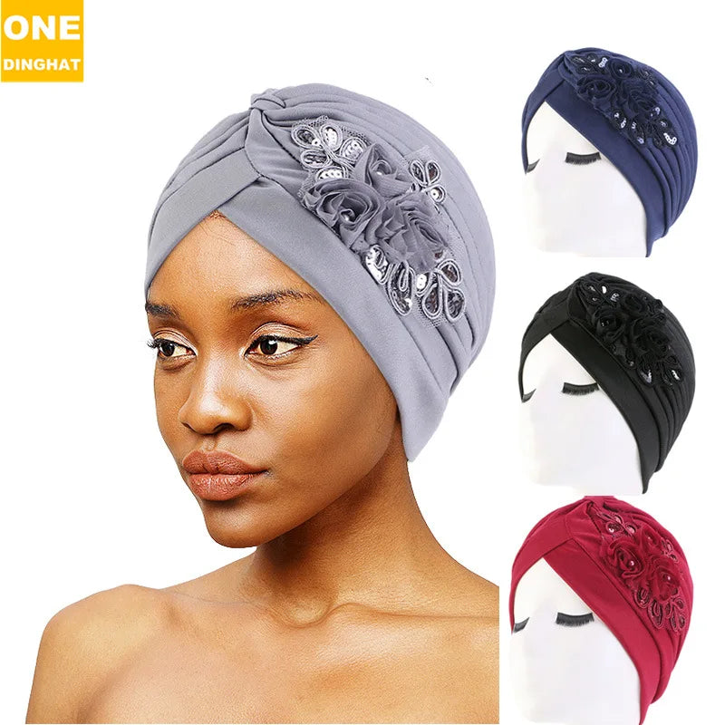 New Flower Decoration Turban, Solid Color Women's Head Wrap, Fashion Headwear, Bandana Cap
