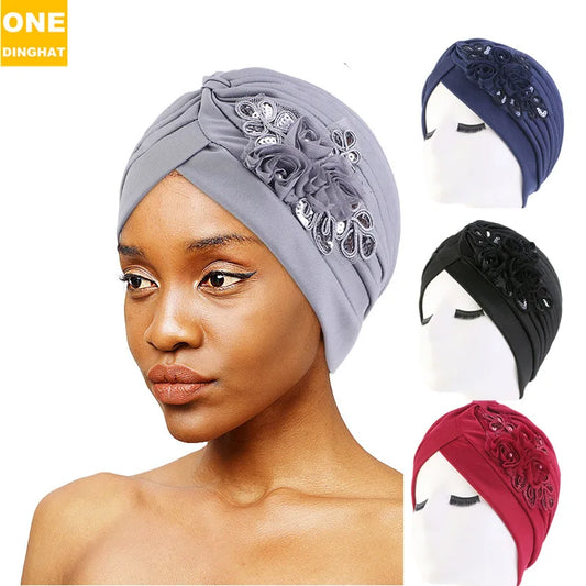 New Flower Decoration Turban, Solid Color Women's Head Wrap, Fashion Headwear, Bandana Cap