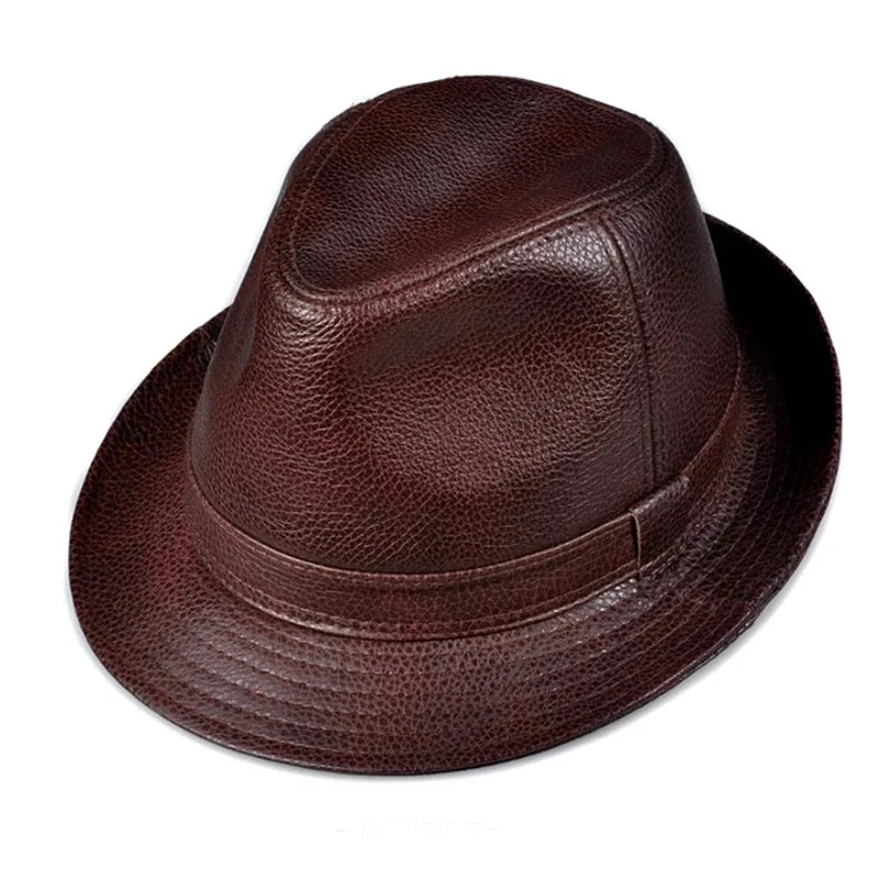 Man High Quality Genuine Leather Formal Hat Jazz Gentleman Cow Skin Short Black/Brown Top Hat