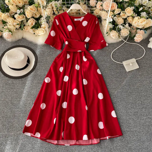 YuooMuoo Chic Fashion Polka Dot Print Women Dress 2024 New Summer Elegant Vintage Bandage Slim Waist Big Swing Long Party Dress - Hiron Store