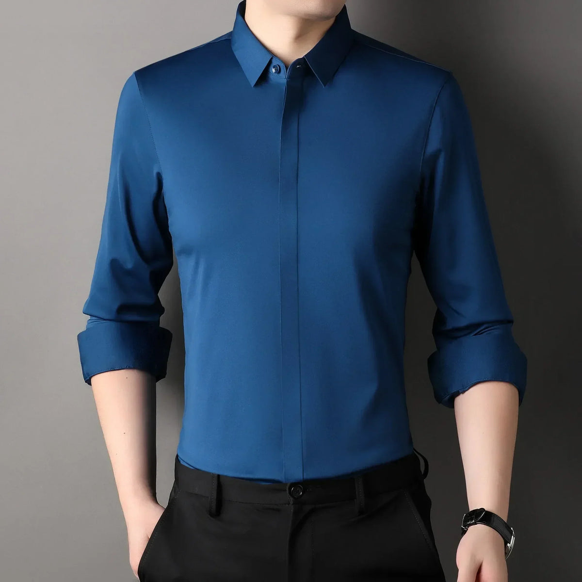 High end Mulberry Silk Dress Shirts, Business  Men Wrinkle Resistant, Button Invisible Elastic Tops, Luxurious Male  Clothing