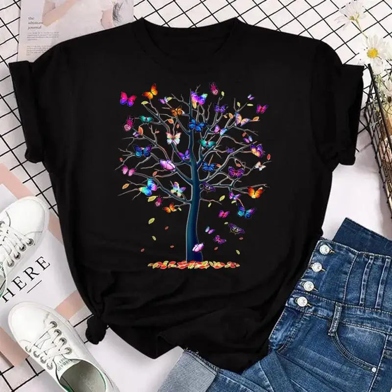 Fashion Women Men T Shirt Colorful Butterfly Petal Graphic Print T Shirt Casual Crew Neck Short Sleeve Plus Size T Shirt Unisex - Hiron Store