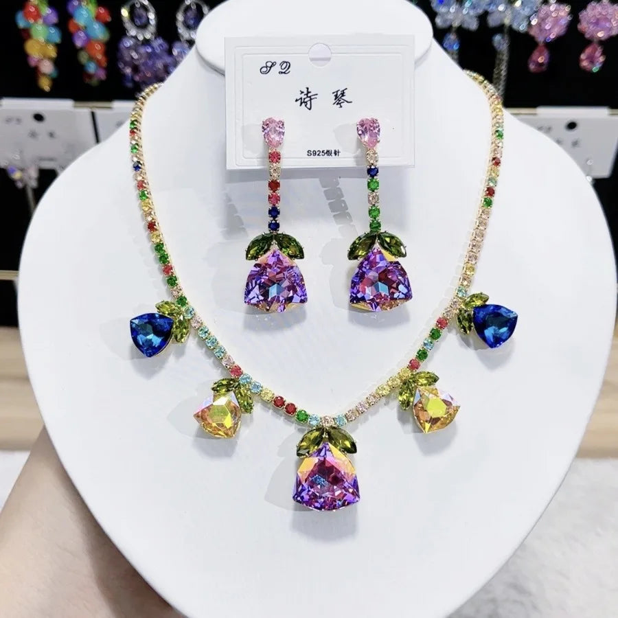 Women Colorful Fashion Zircon Necklace Earrings 2025