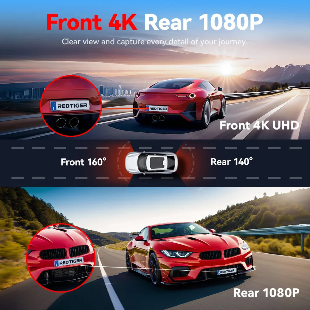 REDTIGER A4 Dash Camera Front and Rear 4k Dash Cam  Drive Recorder for WiFi GPS Car Dvr for 24H Parking