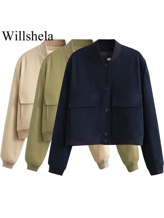 Women Solid Bomber Jackets Coat With Pockets V-Neck Single Breasted Long Sleeves