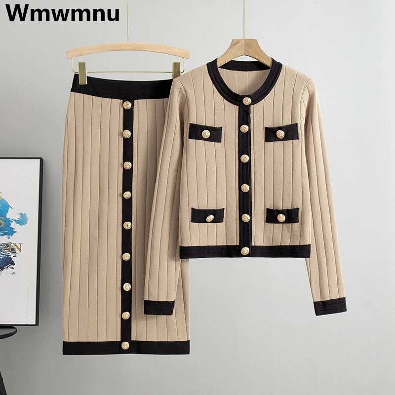 Women Skirts 2 Piece Sets Button Sweater Cardigan Suits