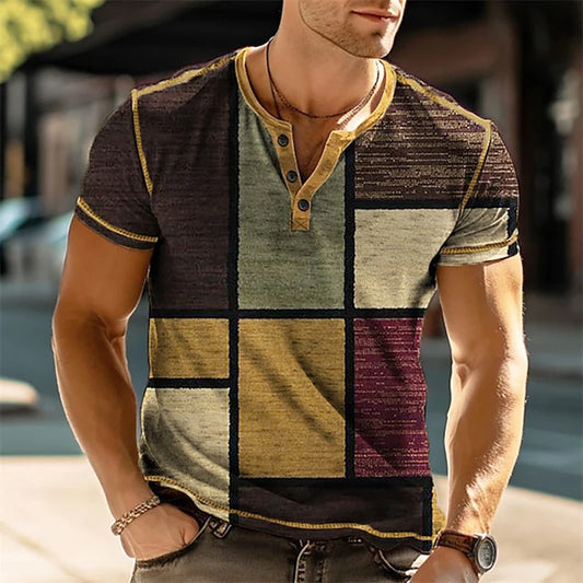 3D Print Patchwork Colour Block Vintage Henley Shirts Men's Fashion Oversized Button-Up Short Sleeve T-Shirts Tops